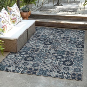 Blue Tiles Floor Mat, vintage Vinyl Mat, rustic PVC rug, blue rug, PVC kitchen rug, dining room Rug, Kitchen Runner, Kitchen Table Rug