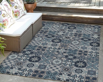Blue Tile Vinyl Floor Mat, Rustic Kitchen Rug, PVC Linoleum