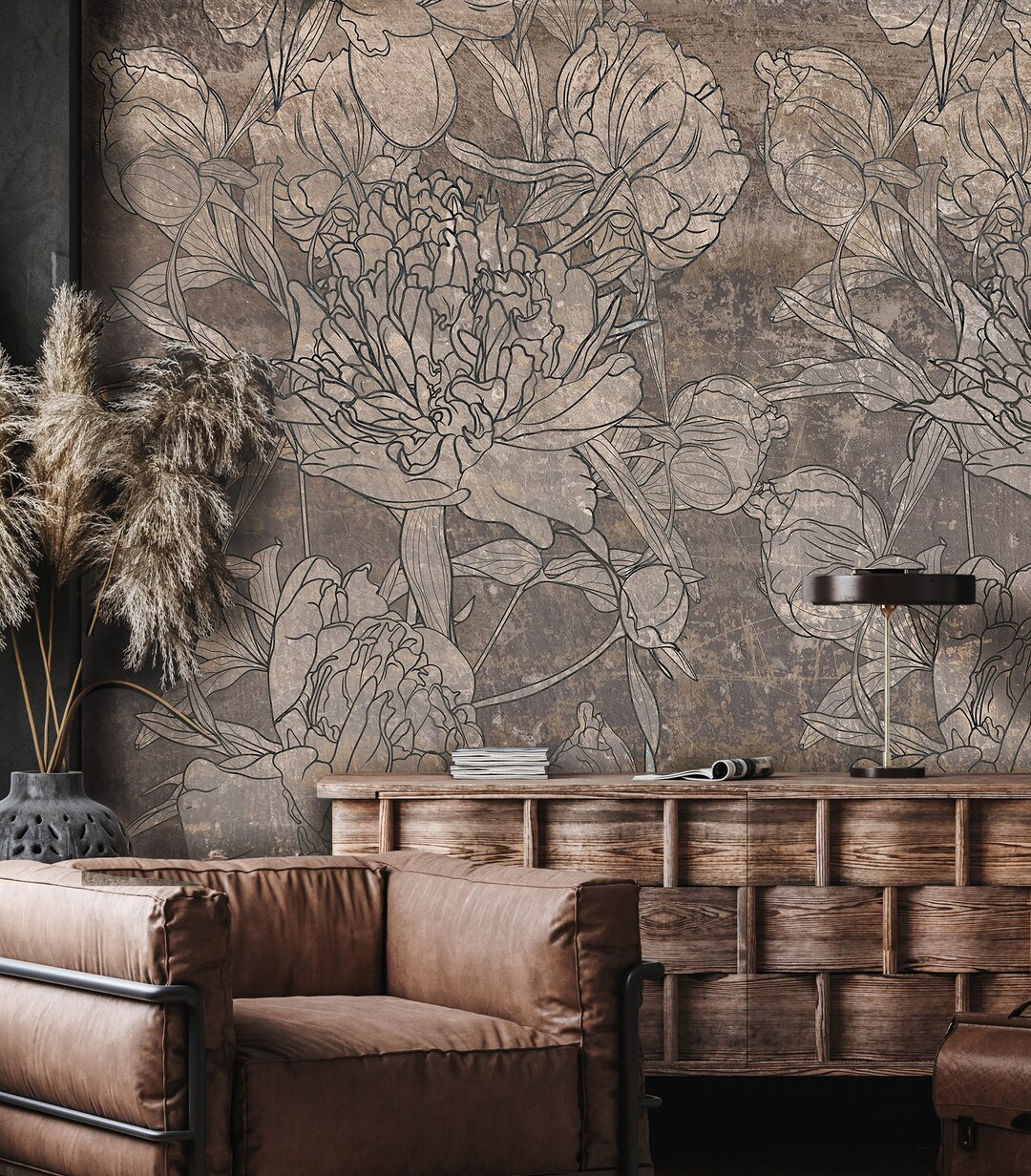 Brown Floral Wallpaper, Flowers Wallpaper, Rustic Wallpaper, Self ...