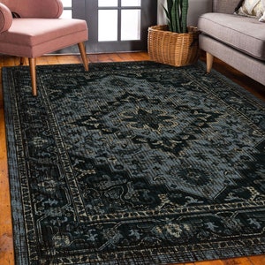 Blue kitchen mat, Persian rug, Blue rug, Vintage PVC rug, Oriental Area Rug, Boho Floor Rug, Dark Blue Floor Mat, living room rug