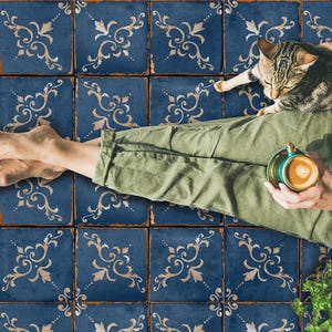Peut inclure: Une personne tient une tasse de café avec un chat sur ses genoux. La personne porte un pantalon vert et est assise sur des carreaux bleus avec un motif décoratif. Une petite plante est dans le coin inférieur droit.