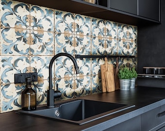 Pegatinas florales para azulejos, estilo vintage azul pálido, despegar y pegar