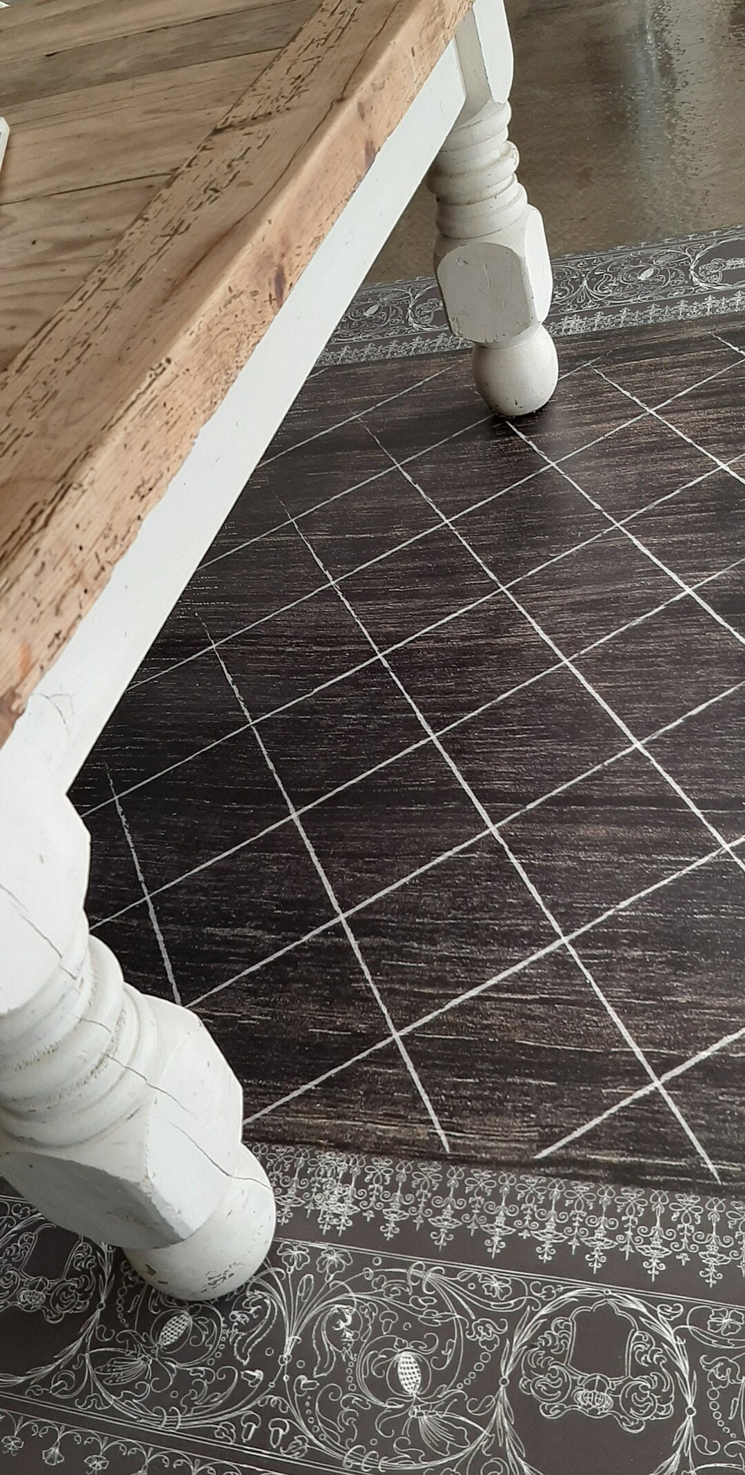 Vintage Black & White Diamond Linoleum Rug, Geometric Pattern, PVC Rug