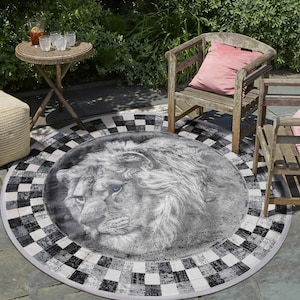 Artistic Lion rug, Black and White rug, round rug, Linoleum Rug, PVC Floor Mat, Boho LivingRoom Rug, Vinyl Area Rug, Linoleum Floor Mat