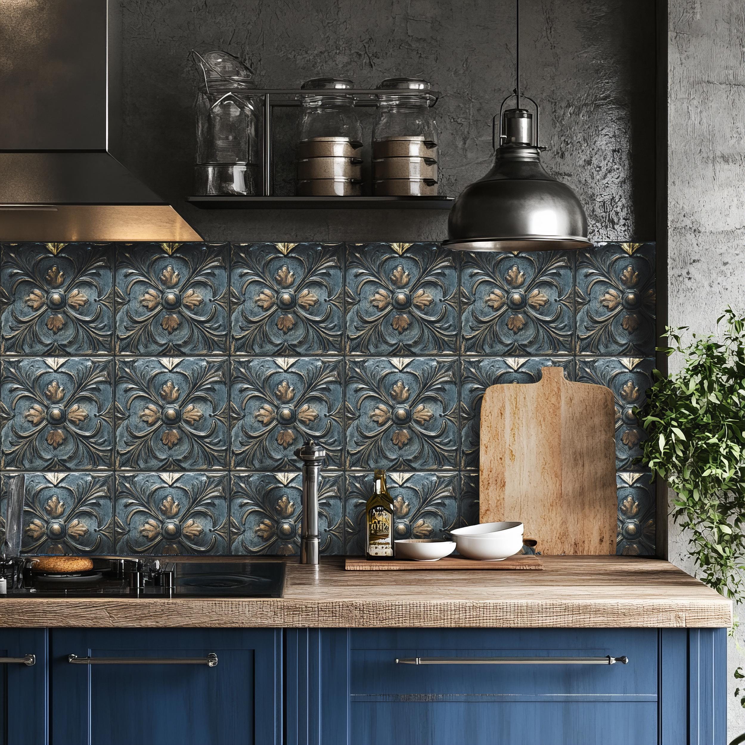3D Metal look, Blue Machuca Vintage Tile Sticker, Peel & Stick Backsplash and Floor Tiles, with special lamination, Durable and Waterproof!!