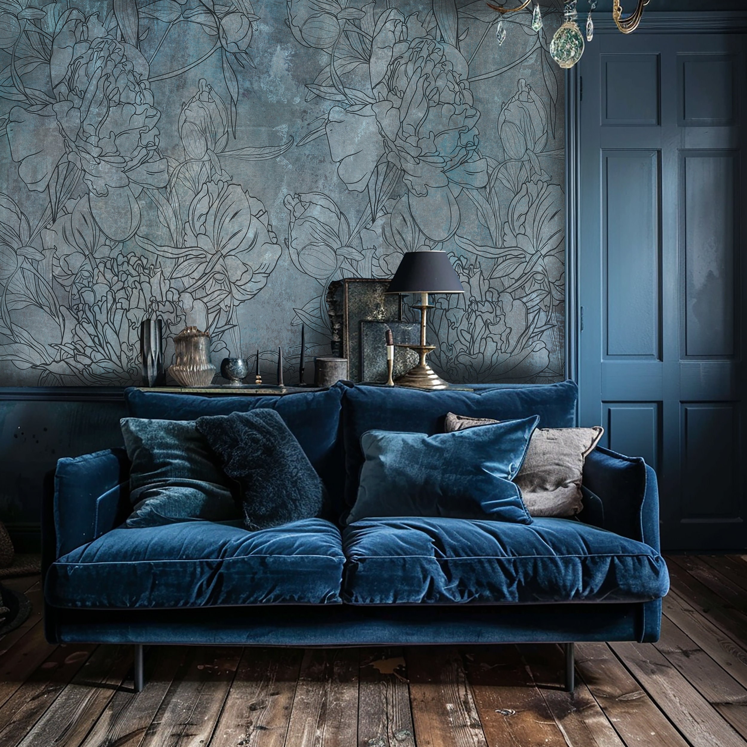 Blue floral Wallpaper, flowers wallpaper, rustic wallpaper, Self Adhesive Wallpaper, Peel and stick, living room wallpaper, bedroom wall