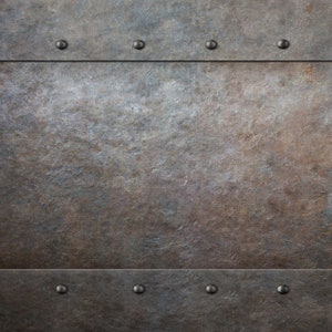 May include: A close-up of a rusty metal surface with two rows of rivets along the top and bottom edges.