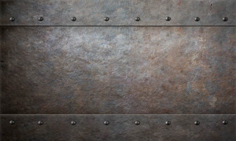 May include: A close-up of a rusty metal surface with two rows of rivets along the top and bottom edges.