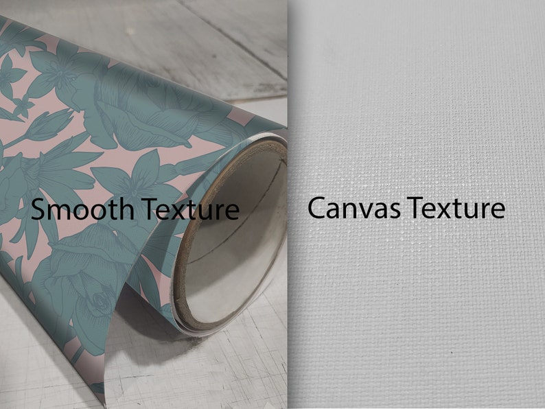 May include: A close-up of two rolled up canvases. The canvas on the left has a smooth texture and a floral pattern in pink and teal. The canvas on the right has a canvas texture and is white. The text "Smooth Texture" is printed on the left canvas and "Canvas Texture" is printed on the right canvas.