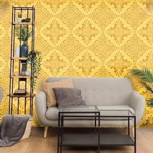 Yellow Retro Wallpaper, Vintage Art Deco, Peel & Stick Wallpaper, Self Adhesive Wallpaper, Removable Vinyl Papier Peint, Large Wall Stencil