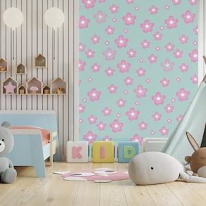 Self Adhesive pink flowers Wallpaper, Floral Baby Room Wall Decals, Peel & Stick Wallpaper, Removable Vinyl Wallpaper, Nature Wallpaper