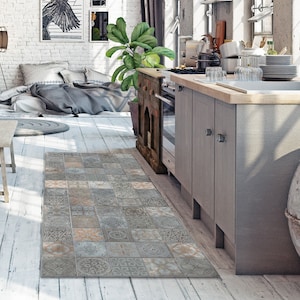 Kitchen Floor Mat, PVC Linoleum Rug, Bedroom, Living Room, Vinyl, Pet Rug, Vintage Tiles, Home Design, Home Decor
