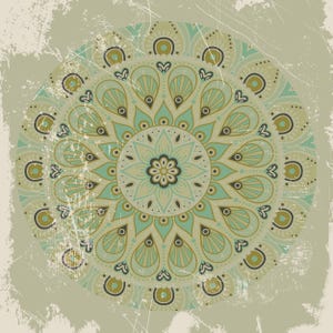 May include: A circular mandala design in shades of teal, olive green, and cream, set against a distressed, textured background. The intricate pattern features floral and geometric elements, creating a vintage aesthetic. The design is centered and symmetrical.