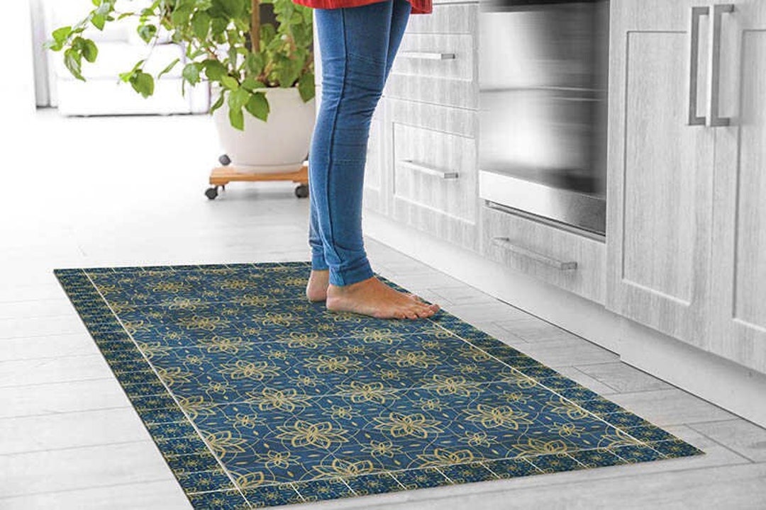 Blue Vinyl Floor Mats for Home, Washable Floor Rug, Large Area Rugs