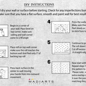 May include: DIY instructions for applying wallpaper. The steps are illustrated with drawings of hands applying wallpaper to a wall. The instructions include steps like placing the wallpaper, smoothing it out, and overlapping the rolls.