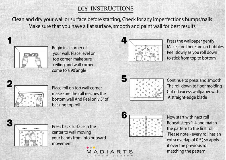 May include: DIY instructions for applying wallpaper. The steps are illustrated with drawings of hands applying wallpaper to a wall. The instructions include steps like placing the wallpaper, smoothing it out, and overlapping the rolls.
