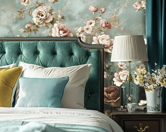 Floral Teal Peel and Stick Wallpaper, Abnehmbares Vinyl