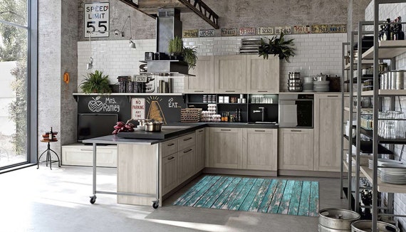 Vinyl Floor Mat For Kitchen Rustic Floor Rug Blue Floor Mat Etsy