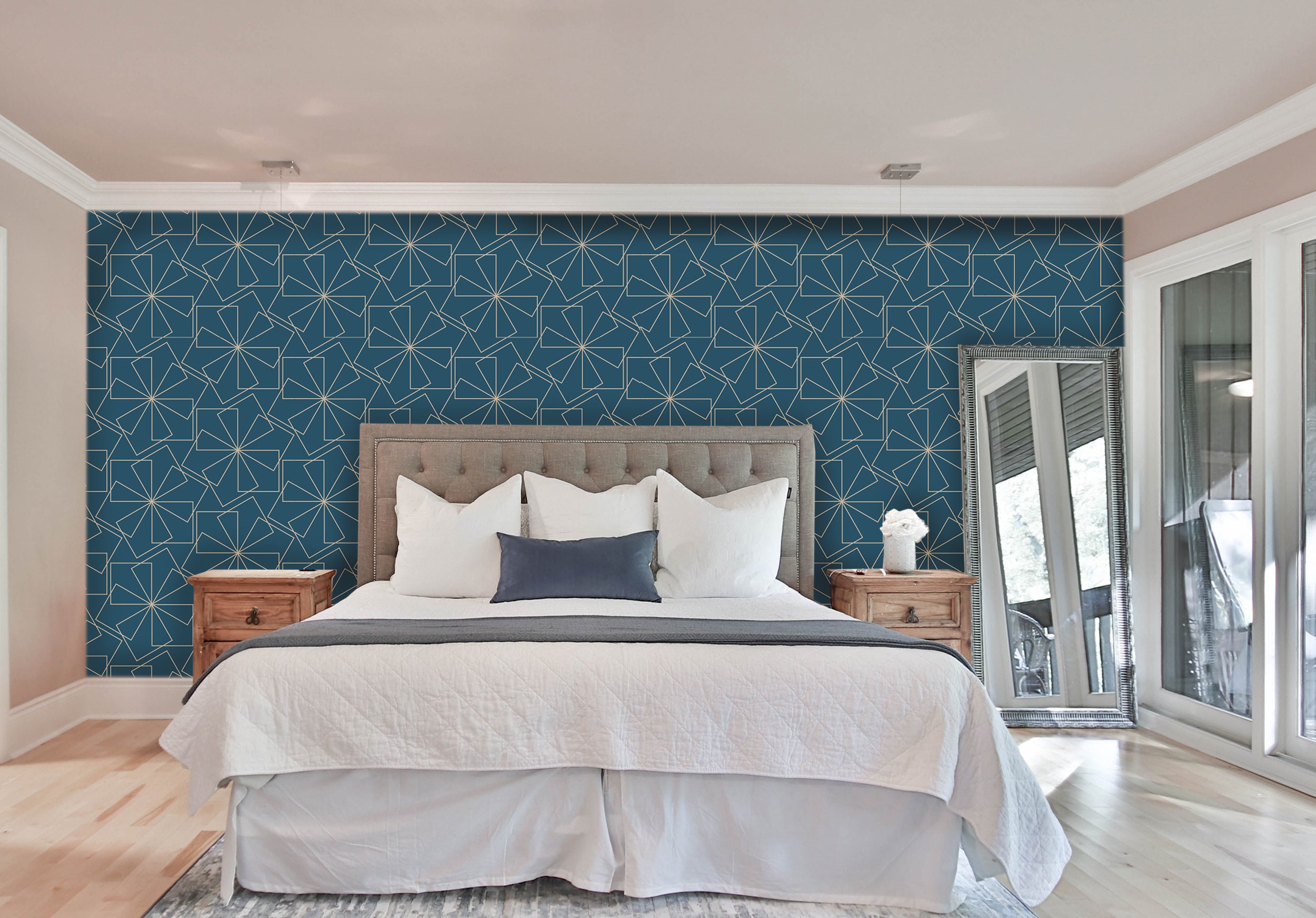 Dark Blue Geometric Wallpaper Wallpaper Stencil Texture Peel - Etsy