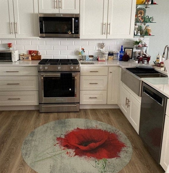 Small Round Vinyl Area Rug, Round Kitchen Floor Rug, Round Red Flower Rug,  Circle Area Rug, Round Vinyl Floor Mat, Anti-slip Linoleum Rug 