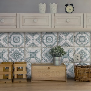 Vintage Tile stickers, Blue Green machuca,  Spanish Kitchen Tile, Floor Tile Sticker, Backsplash sticker, Peel & Stick