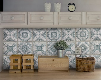 Pegatinas para azulejos Machuca, color azul verdoso, decoración de cocina española, despegar y pegar