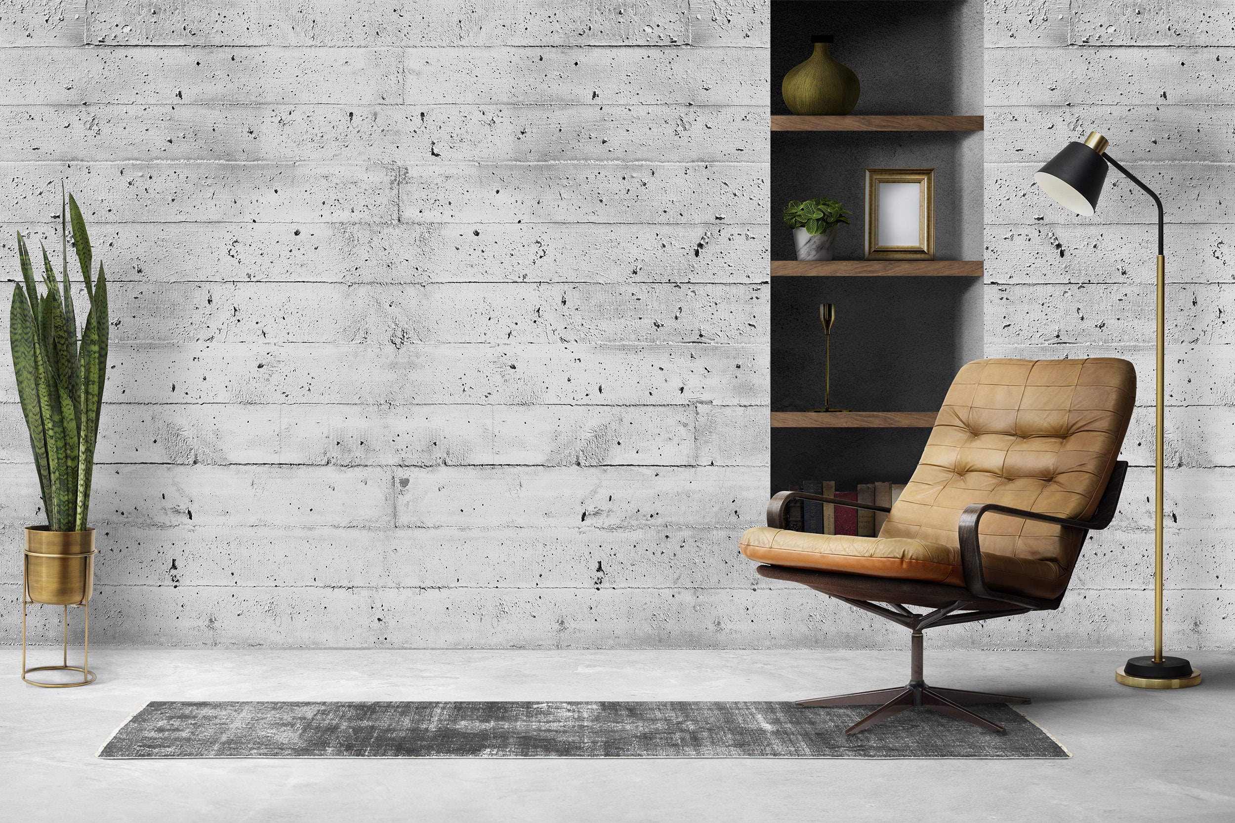 コンクリートブロック壁紙、グレーのインダストリアルウォールアート