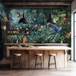 Tropical floral Wallpaper, Birds wallpaper, natural wallpaper, Self Adhesive Wallpaper, Peel and stick, living room wallpaper, bedroom wall