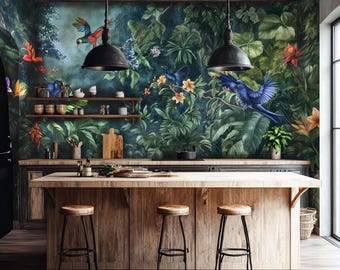 May include: A kitchen island with a wooden countertop and three black metal bar stools. The wall behind the island features a tropical mural with lush green foliage, vibrant flowers, and colorful birds.