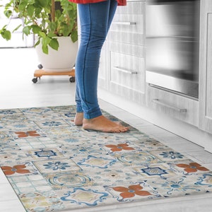 Kitchen Rug, spanish tile, mandala, Vinyl Rug, Washable Dining Room Mat, Linoleum Floor Mat, Non Slip Kitchen Floor Mat, Oversized Area Rug