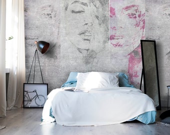 Abstract Face Peel and Stick Wallpaper, Gray Art Wall Decor