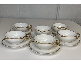 Haviland Limoges Silver Anniversary 6 Cups & Saucers 1.75" Coffee Tea Gold Trim