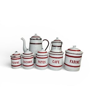 Antique French Enamel Canister Coffee Pot Milk Jug Set Red White Patina 7 Piece