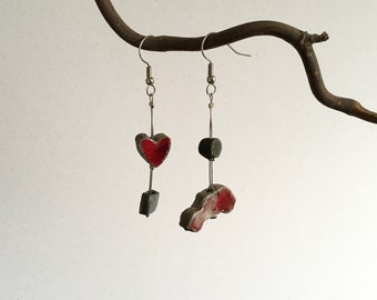 Ready to ship, Free Shipping: Pendant Raku Earrings, red heart and car, Gift for her, Valentine's