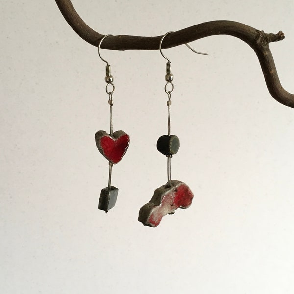 Ready to ship, Free Shipping: Pendant Raku Earrings, red heart and car, Gift for her, Valentine's