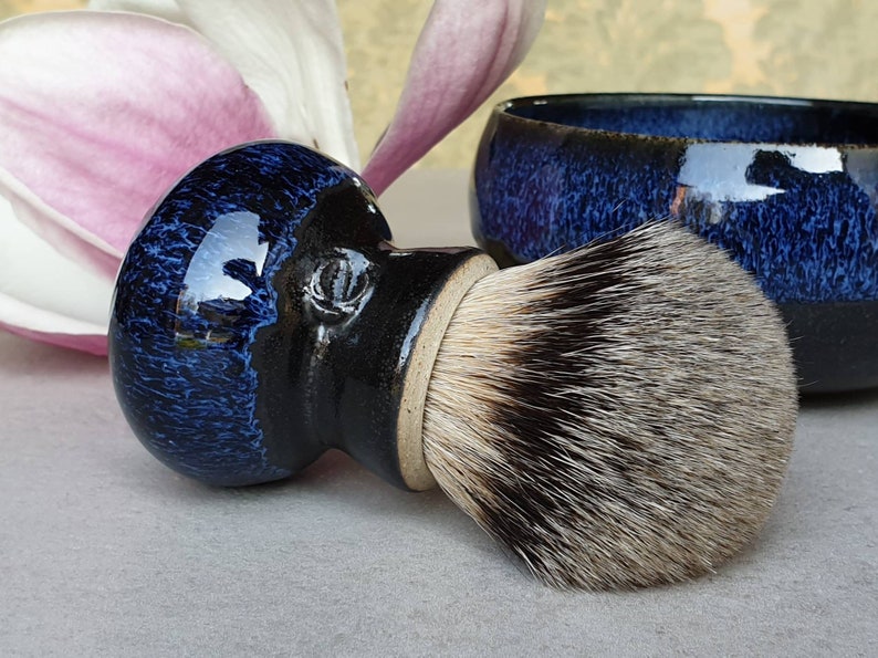Shaving Set Scuttle and Brush Glazed in Blue Pottery Gift Etsy