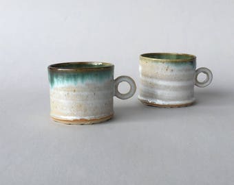 White and Light Blue/green stoneware espresso coffee cup with handle, pottery cup, handmade, gift for couple, wedding favor