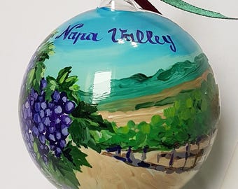 Napa Valley custom hand painted ornament with vineyard landscape. Wine lovers gift, present for travel companions friends.