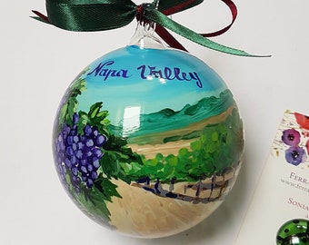 Napa Valley custom hand painted ornament with vineyard landscape. Wine lovers gift, present for travel companions friends.