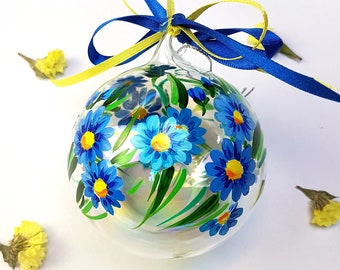 Hand painted blue Christmas floral ornament, glass ball with flower decoration. Gift idea for mom grandma sister aunt and friend.