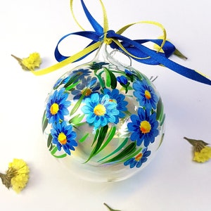 Hand painted blue Christmas floral ornament, glass ball with flower decoration. Gift idea for mom grandma sister aunt and friend.