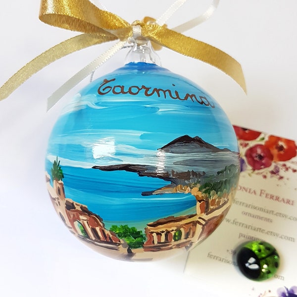 Taormina souvenir, gift from Sicily. Hand painted ornament, original italian gift for traveller people. Personalized Christmas glass ball.