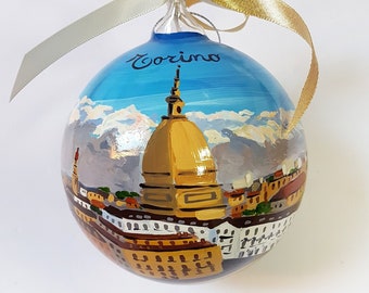 Turin hand-painted ornament, Italian city collection. Elegant and artistic gift for travel friends, holidays souvenir from Italy.