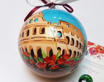 Rome Colosseum custom ornament decorated on the whole glass ball. Christmas decoration and special gift for friends and travel companions.