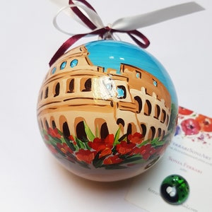 Rome Colosseum custom ornament decorated on the whole glass ball. Christmas decoration and special gift for friends and travel companions.