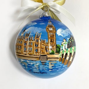 London hand painted ornament on glass ball. Original gift for travel lovers in European capitals, travelers, friends and colleagues.