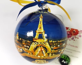 PARIS by night, custom ornament with Eiffel Tower and city lights. France souvenir, original gift for couple to remember honeymoon or travel