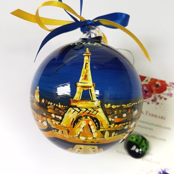 PARIS by night, custom ornament with Eiffel Tower and city lights. France souvenir, original gift for couple to remember honeymoon or travel