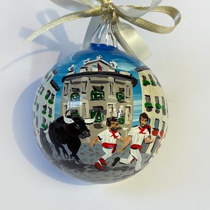 Pamplona custom ornament. I remember a trip to Spain, the feast of San Fermin. Travel gift, anniversary visit to the Basque Country