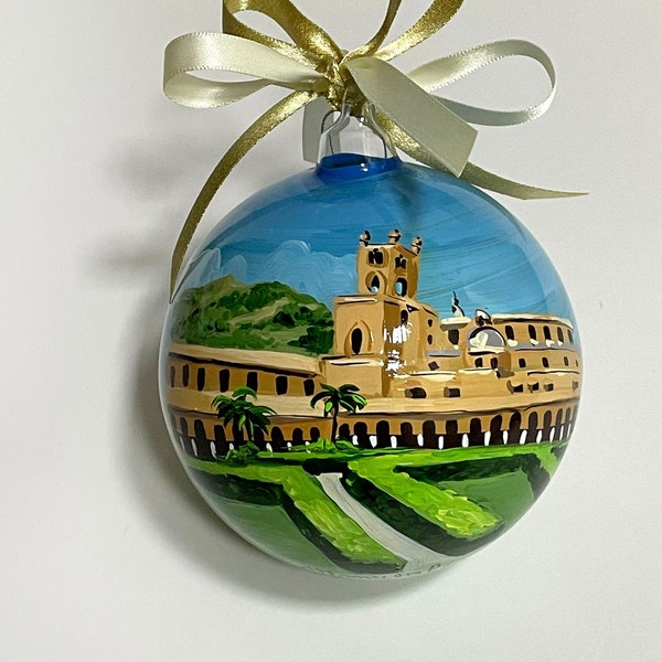 Sicily Monreale customizable ornament. Hand painted Christmas ball with city on request. Original Italian artistic ornaments to giveaway.